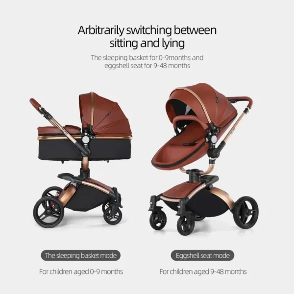 Landscape baby carriage PU leathe Baby stroller 3in1 Two-way High r Foldable shock-absorbing eggshell stroller 2in1 - Image 3