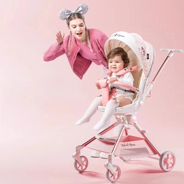 Pink Newborn Stroller can sit or lie down 0-6 years old Children Lightweight Folding Boardable Travel 360 ° Steering Stroller - Image 5