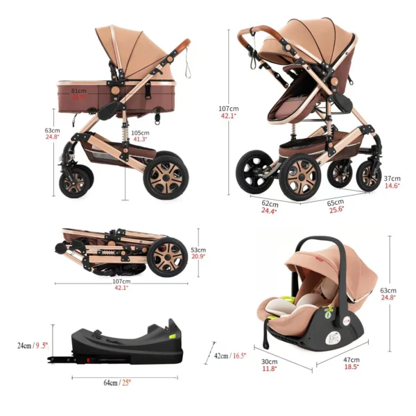 3 in 1 Baby Stroller,Baby Travel System,Baby Carriage 3in1 with Isofix Base,Foldable Newborn Pram,Reversible Standard Stroller - Image 4