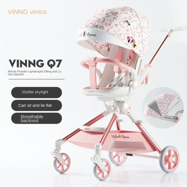 Pink Newborn Stroller can sit or lie down 0-6 years old Children Lightweight Folding Boardable Travel 360 ° Steering Stroller - Image 2