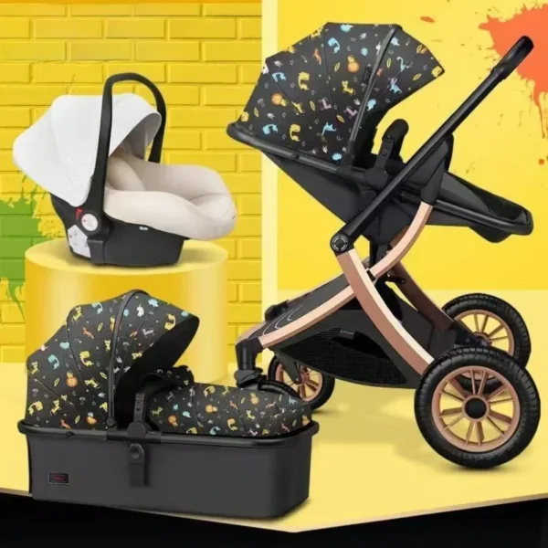 3 in 1 Lightweight Stroller with Car Seat Two-way Foldable Children's Stroller High View Four Wheel Baby Stroller Baby Carriage - Image 6