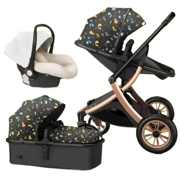 3 in 1 Lightweight Stroller with Car Seat Two-way Foldable Children's Stroller High View Four Wheel Baby Stroller Baby Carriage - Image 3