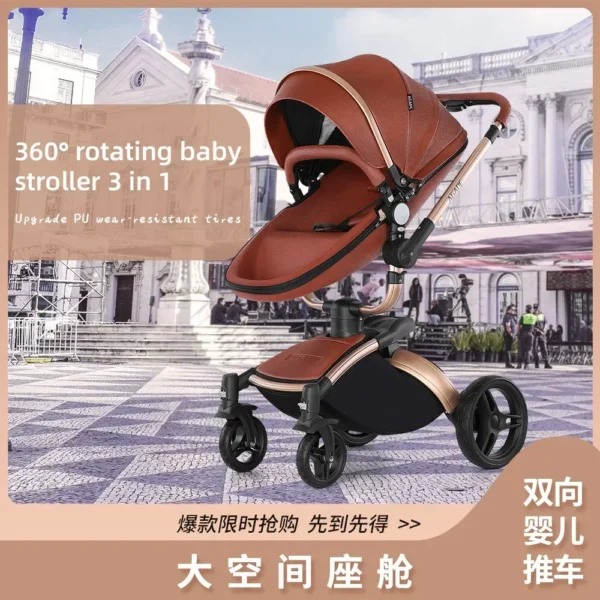 Landscape baby carriage PU leathe Baby stroller 3in1 Two-way High r Foldable shock-absorbing eggshell stroller 2in1 - Image 4